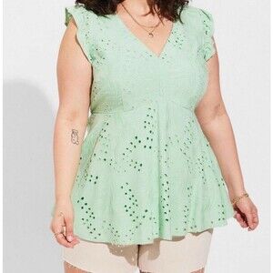 Torrid 2X Mint Green Eyelet Lace Babydoll Top Flutter Sleeve Feminine Pretty